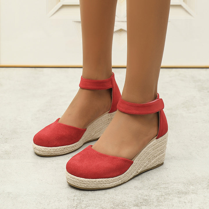red Chic Faux Suede Espadrille Wedge Sandals for Women – Velcro Ankle Strap for Stylish Summer Outfits