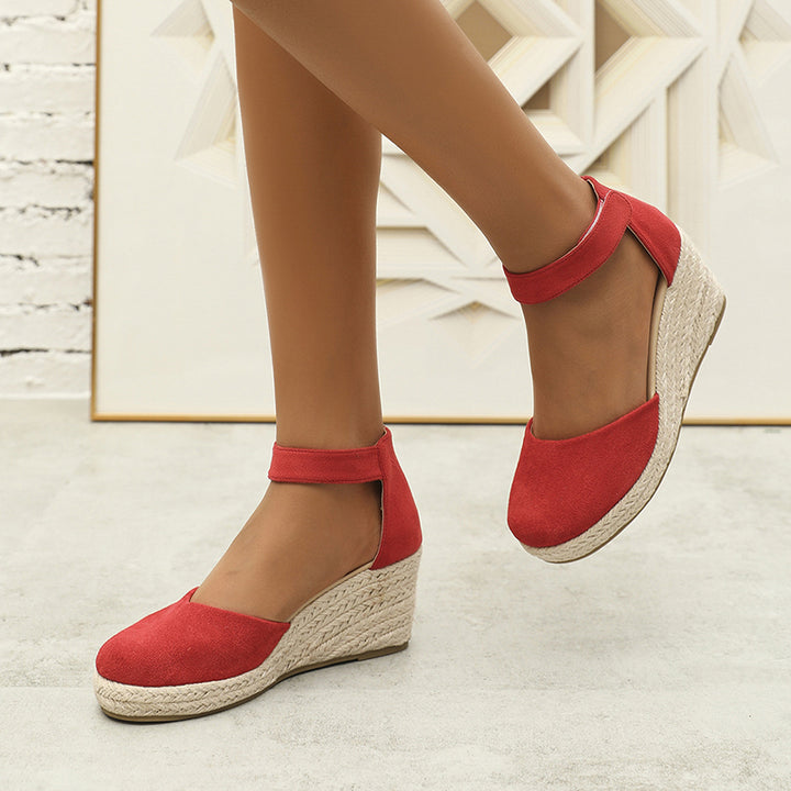 red Chic Faux Suede Espadrille Wedge Sandals for Women – Velcro Ankle Strap for Stylish Summer Outfits