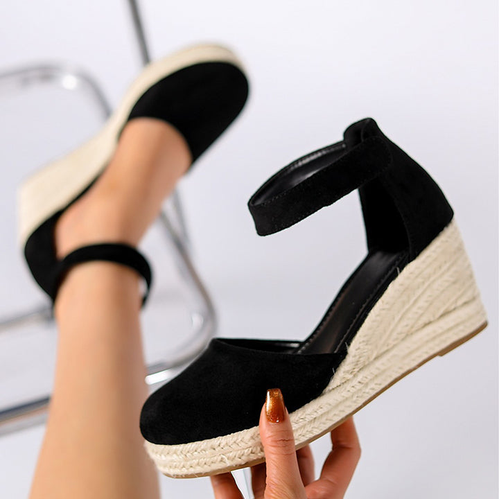black Chic Faux Suede Espadrille Wedge Sandals for Women – Velcro Ankle Strap for Stylish Summer Outfits