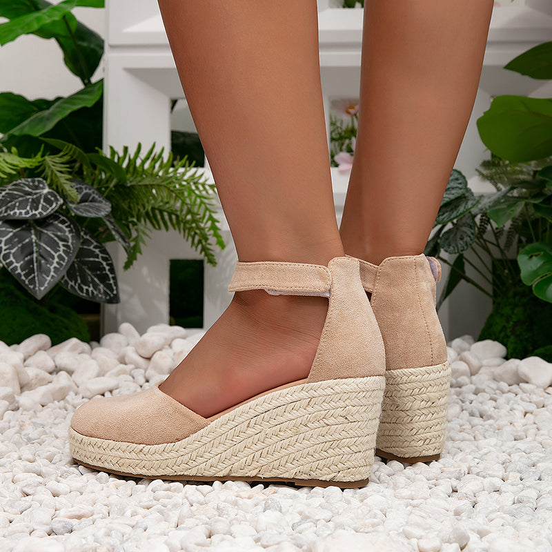 apricot Chic Faux Suede Espadrille Wedge Sandals for Women – Velcro Ankle Strap for Stylish Summer Outfits