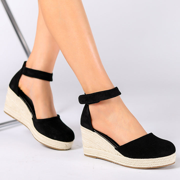black Chic Faux Suede Espadrille Wedge Sandals for Women – Velcro Ankle Strap for Stylish Summer Outfits