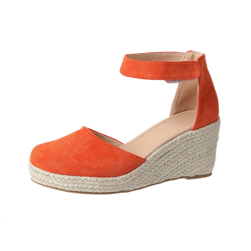 orange Chic Faux Suede Espadrille Wedge Sandals for Women – Velcro Ankle Strap for Stylish Summer Outfits