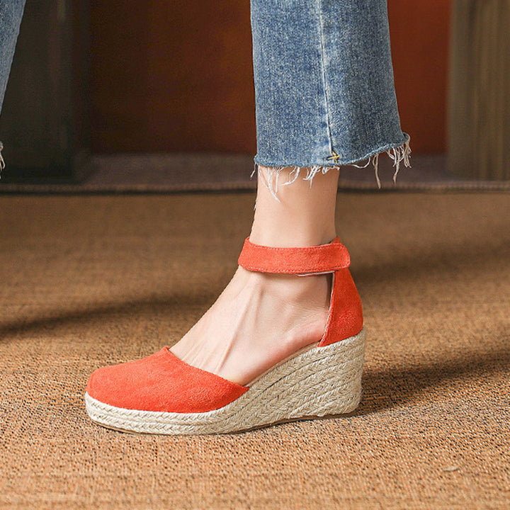 orange Chic Faux Suede Espadrille Wedge Sandals for Women – Velcro Ankle Strap for Stylish Summer Outfits