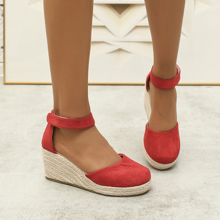 red Chic Faux Suede Espadrille Wedge Sandals for Women – Velcro Ankle Strap for Stylish Summer Outfits