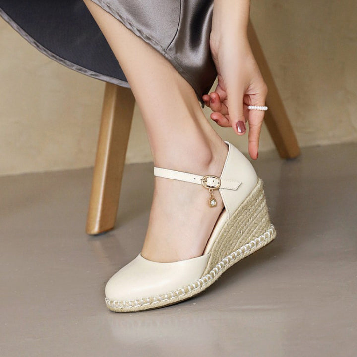 beige Women's closed toe espadrille wedges