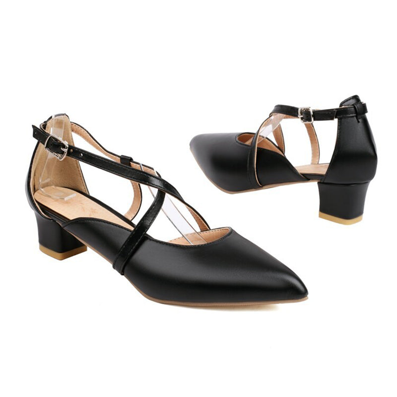 black Women's criss cross strap pointed toe pumps