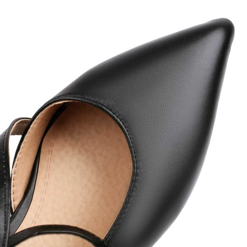 black Women's criss cross strap pointed toe pumps