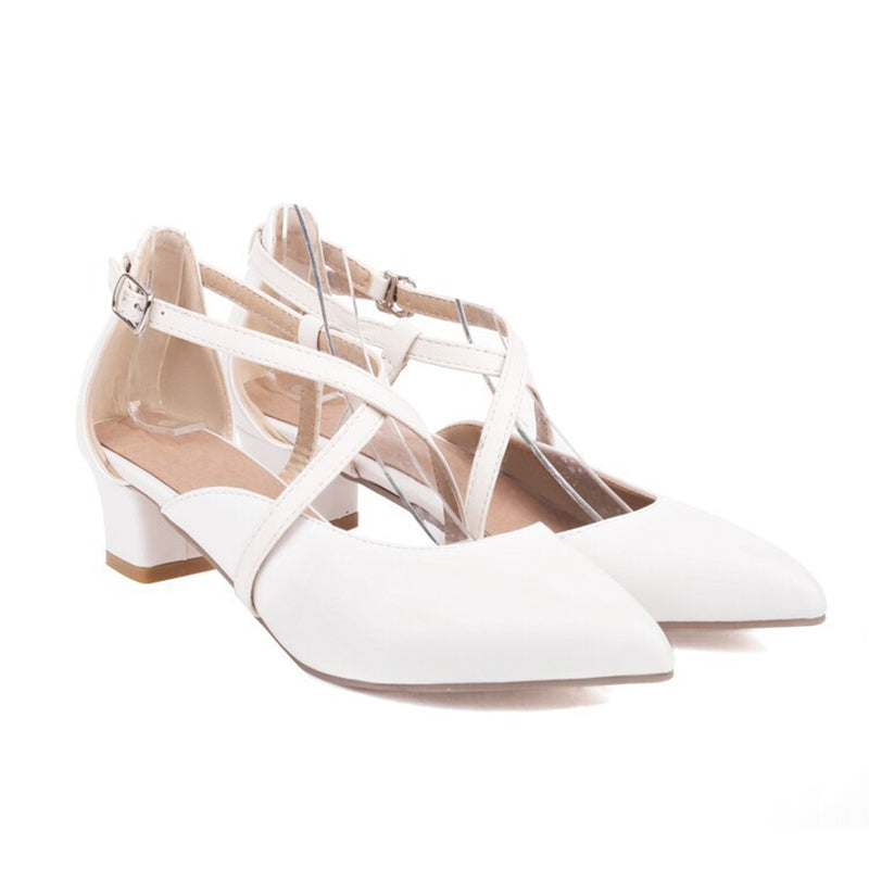 white Women's criss cross strap pointed toe pumps