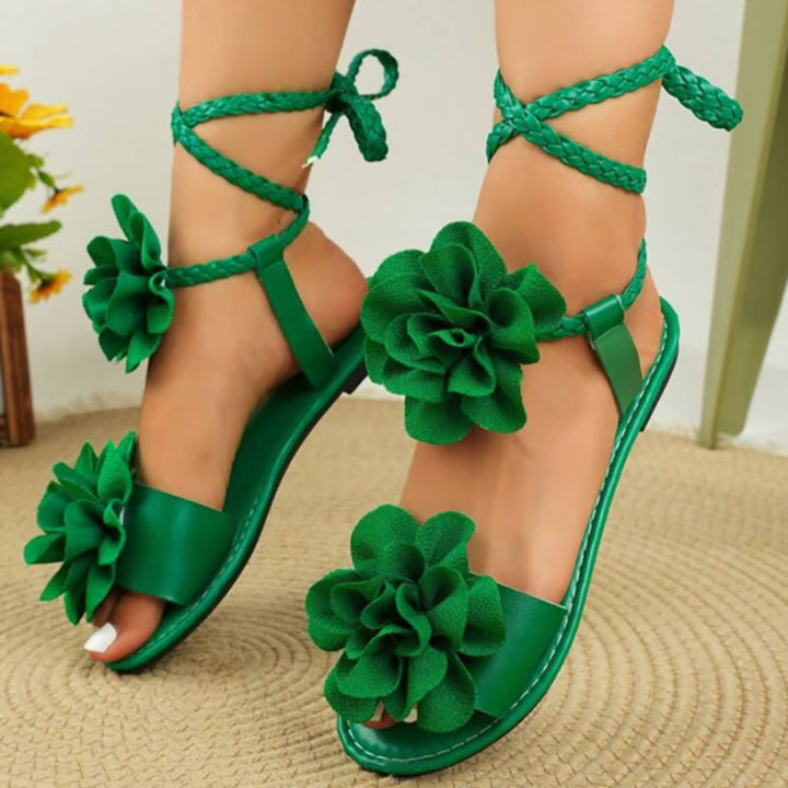Women's cross strap lace-up sandals with 3D floral decor for beach, vacation