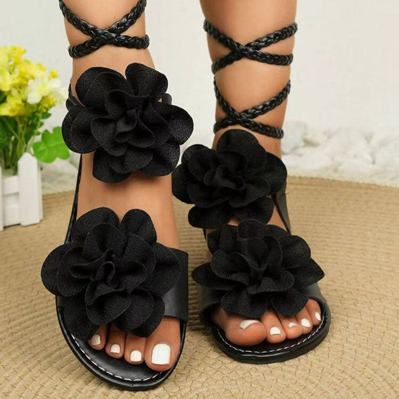 Women's cross strap lace-up sandals with 3D floral decor for beach, vacation