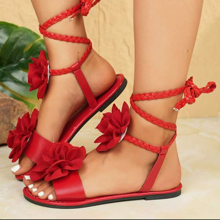 Women's cross strap lace-up sandals with 3D floral decor for beach, vacation
