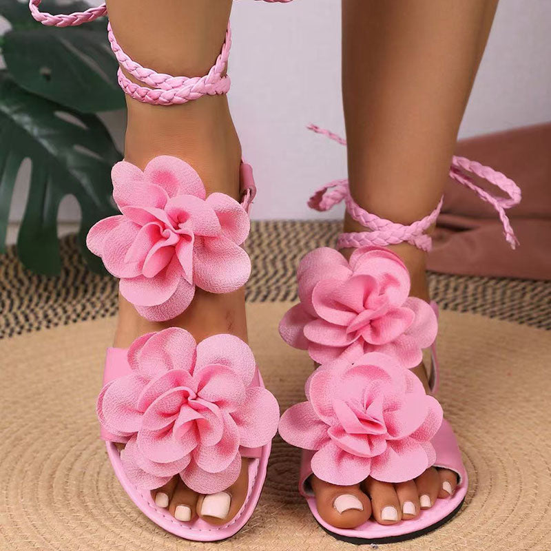 Women's cross strap lace-up sandals with 3D floral decor for beach, vacation