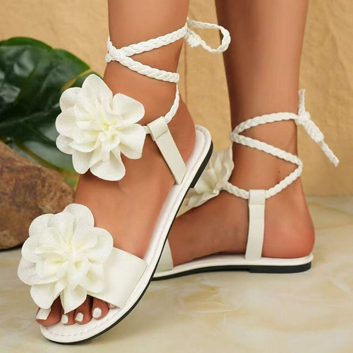 Women's cross strap lace-up sandals with 3D floral decor for beach, vacation