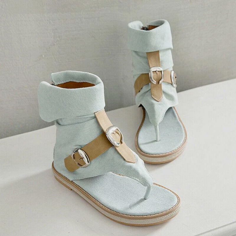 beige Women's denim clip toe gladiator sandals