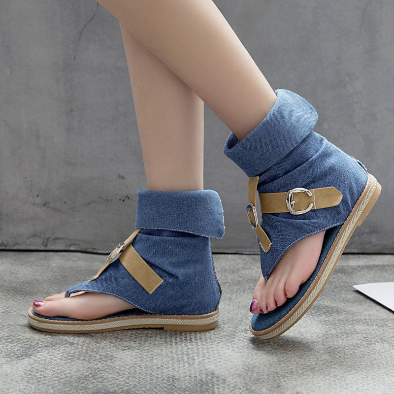 blue Women's denim clip toe gladiator sandals