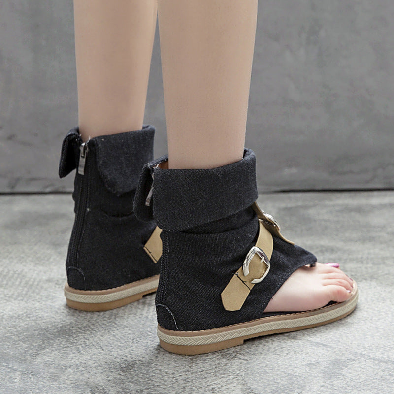 black Women's denim clip toe gladiator sandals