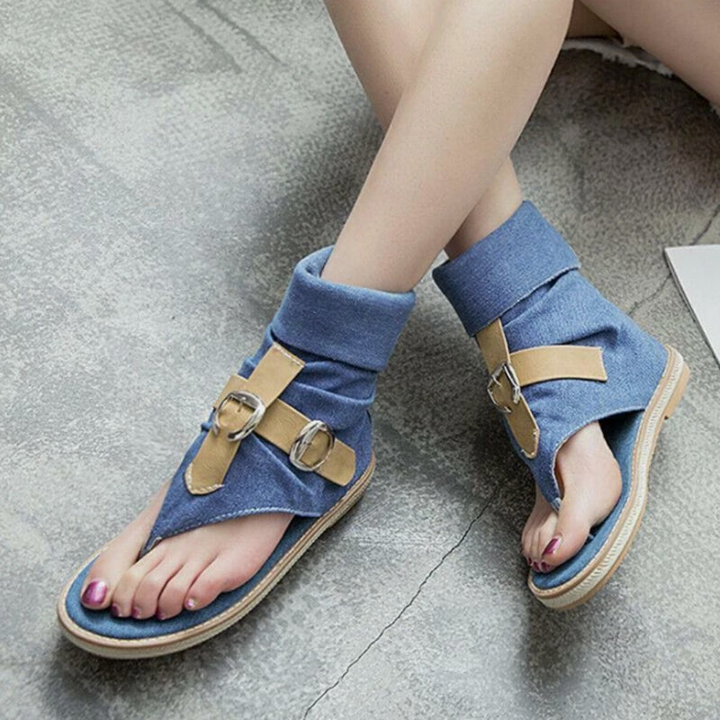 blue Women's denim clip toe gladiator sandals