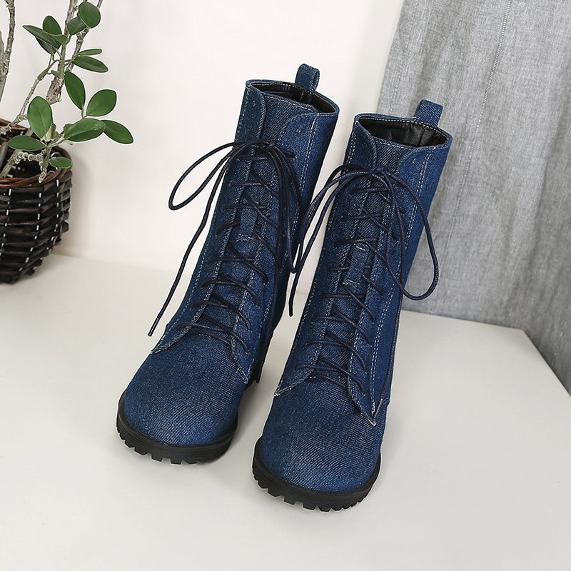 deep blue Women's denim mid calf combat boots