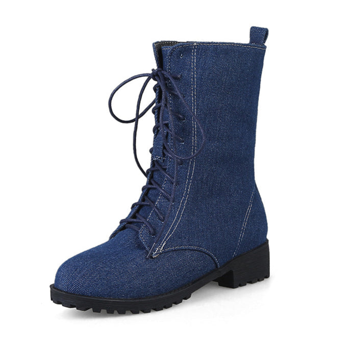 deep blue Women's denim mid calf combat boots