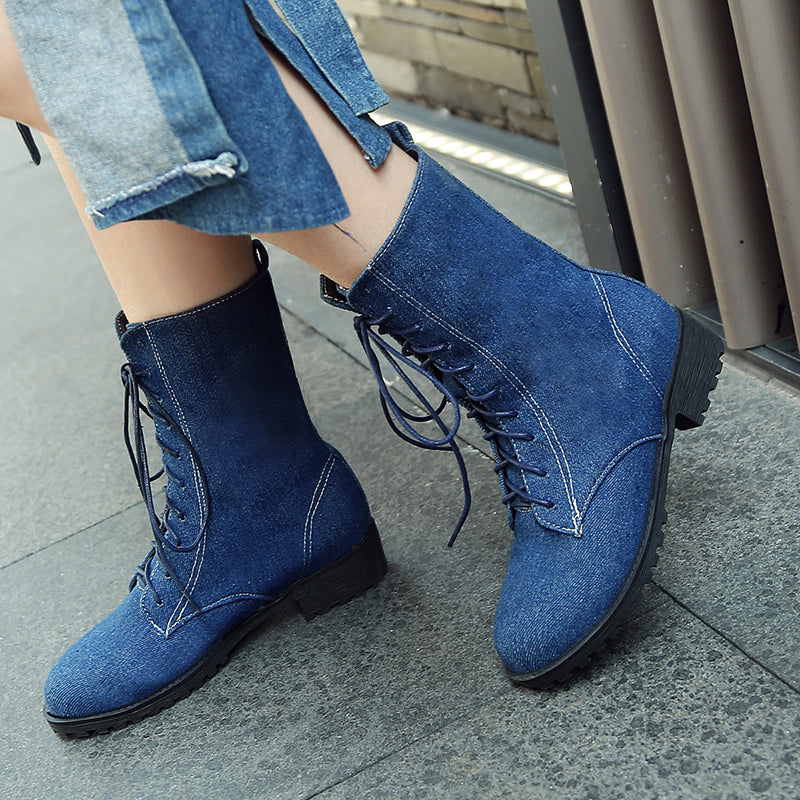 Women's denim mid calf combat boots