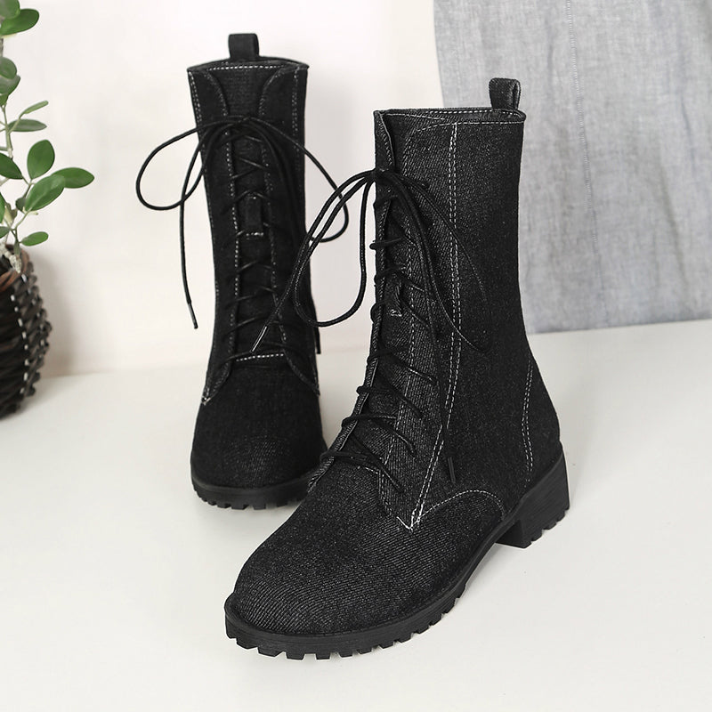black Women's denim mid calf combat boots