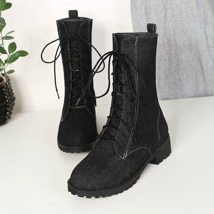 black Women's denim mid calf combat boots