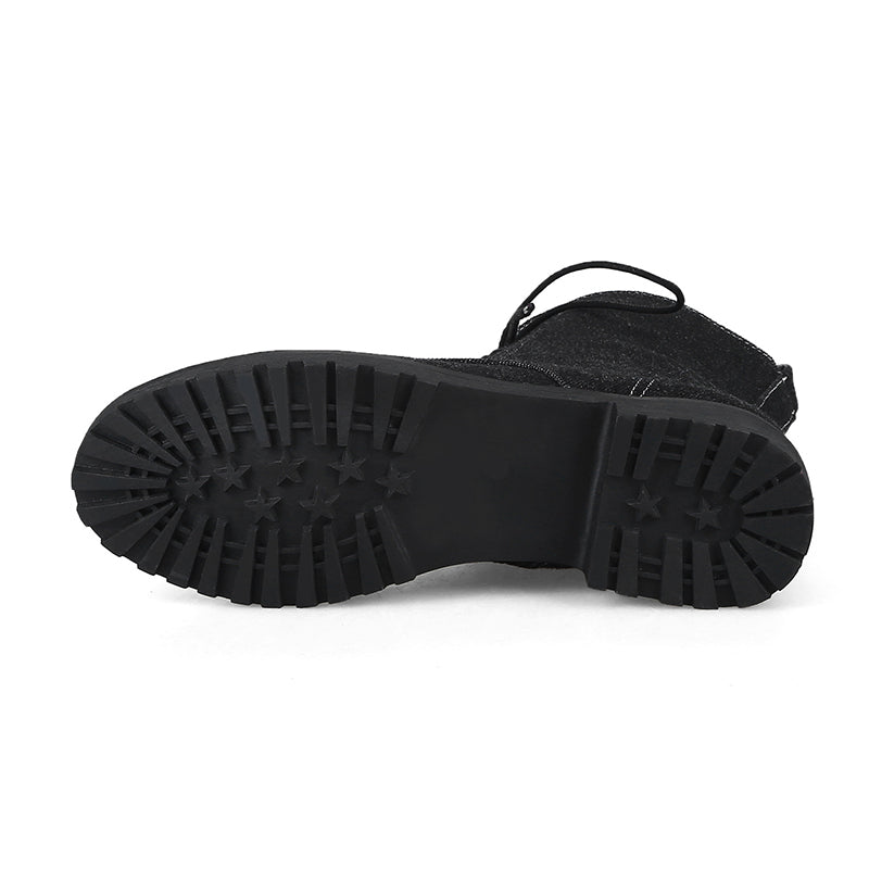 black Women's denim mid calf combat boots