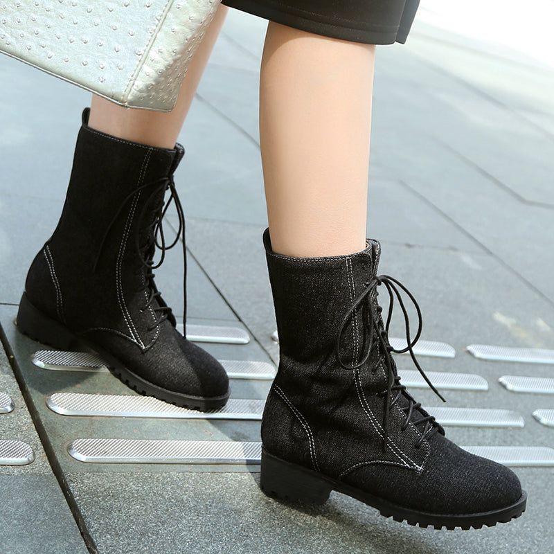 Women's denim mid calf combat boots