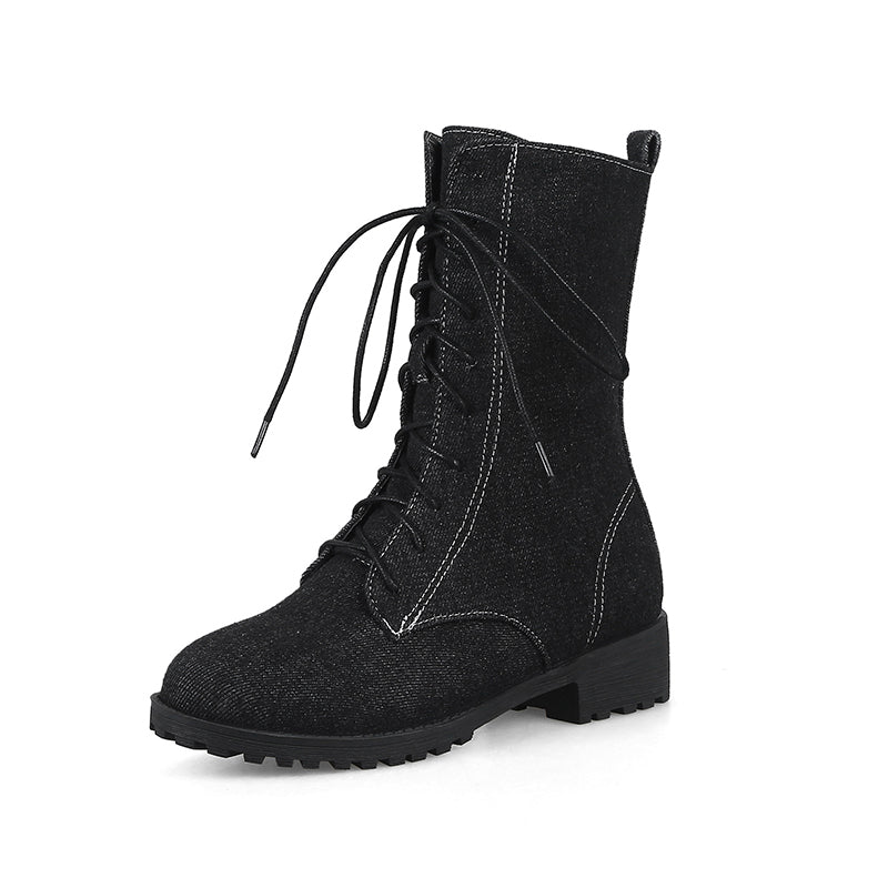 black Women's denim mid calf combat boots
