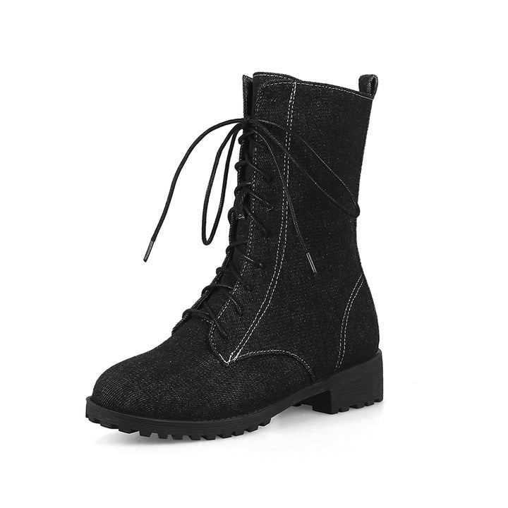 black Women's denim mid calf combat boots