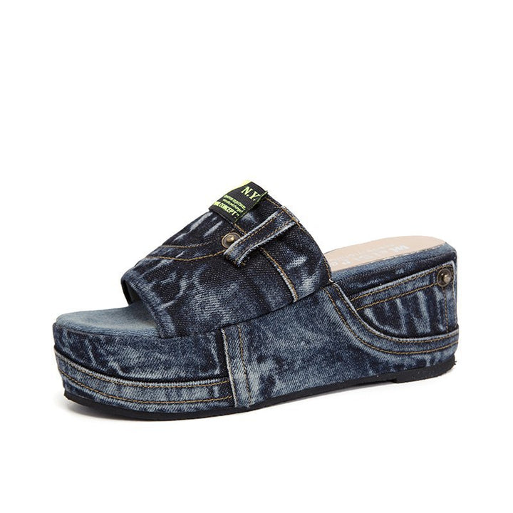 blue Women’s Denim Platform Slides – Comfortable Summer Sandals with Chunky Sole for Casual Wear