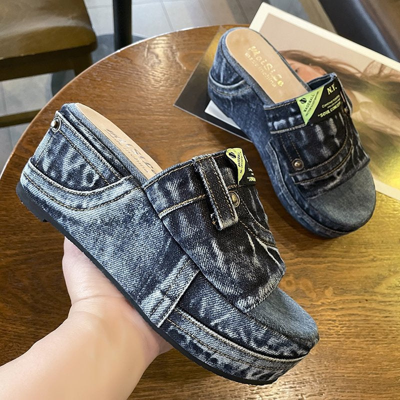 blue Women’s Denim Platform Slides – Comfortable Summer Sandals with Chunky Sole for Casual Wear