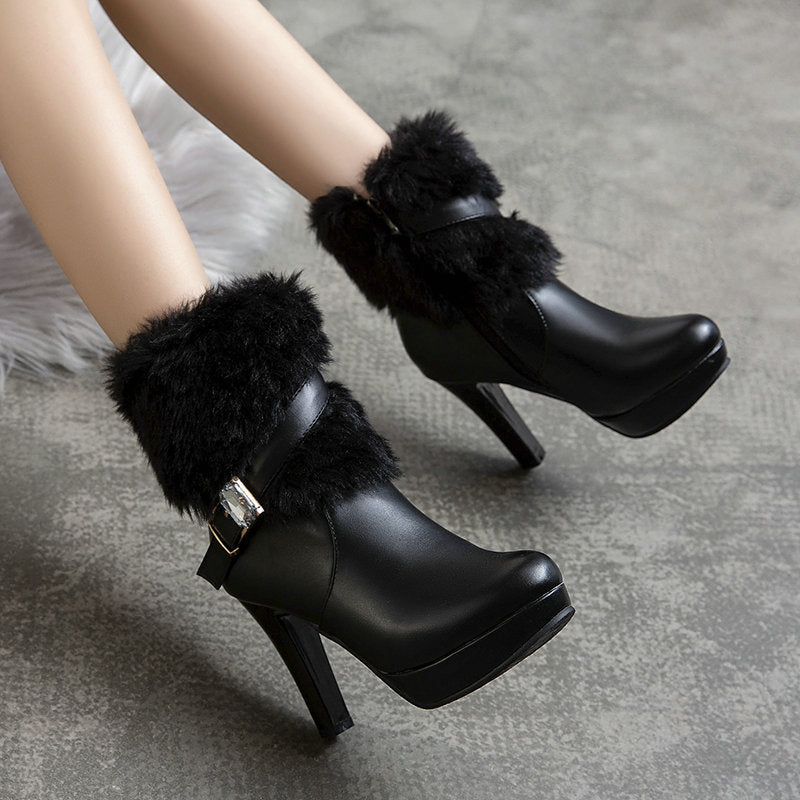 Women's elegant fuzzy cuff booties with warm plush lined