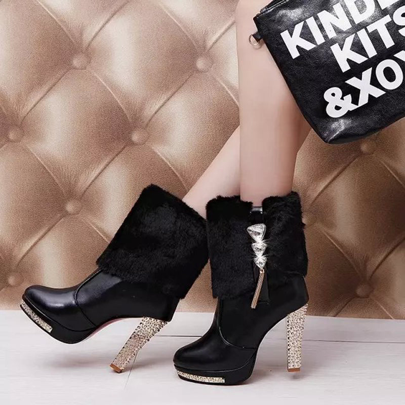 Women's elegant white fuzzy cuff high heels booties for party