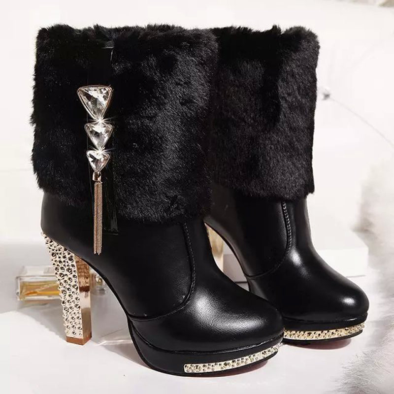 Women's elegant white fuzzy cuff high heels booties for party