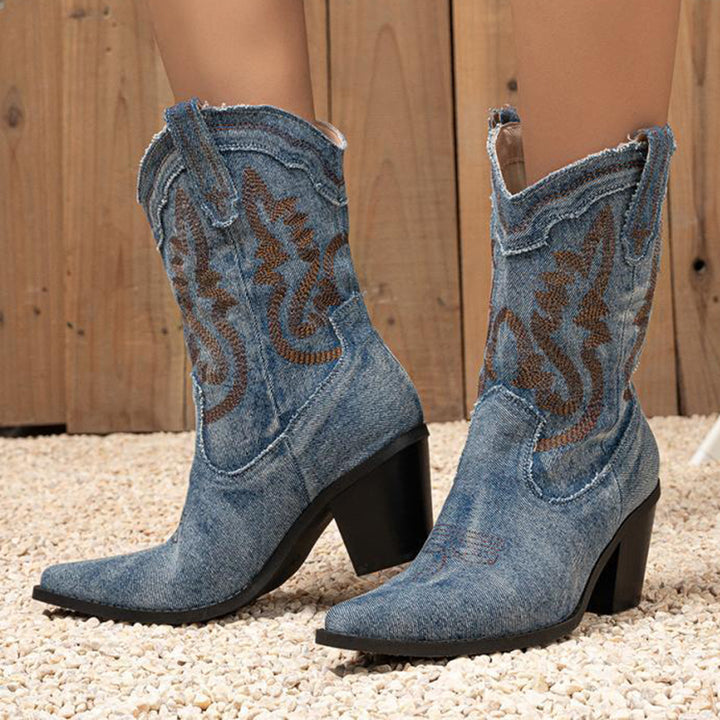 Women's embroidery denim mid calf cowboy boots