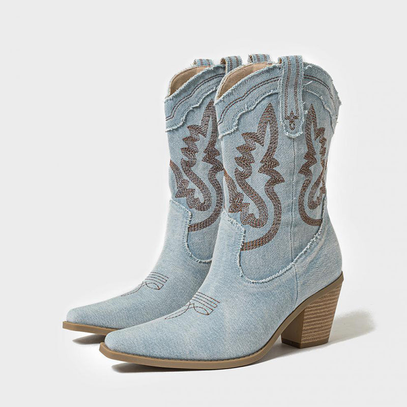 light blue Women's embroidery denim mid calf cowboy boots