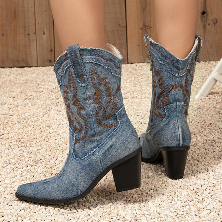 blue Women's embroidery denim mid calf cowboy boots
