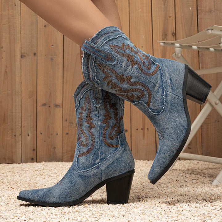 blue Women's embroidery denim mid calf cowboy boots