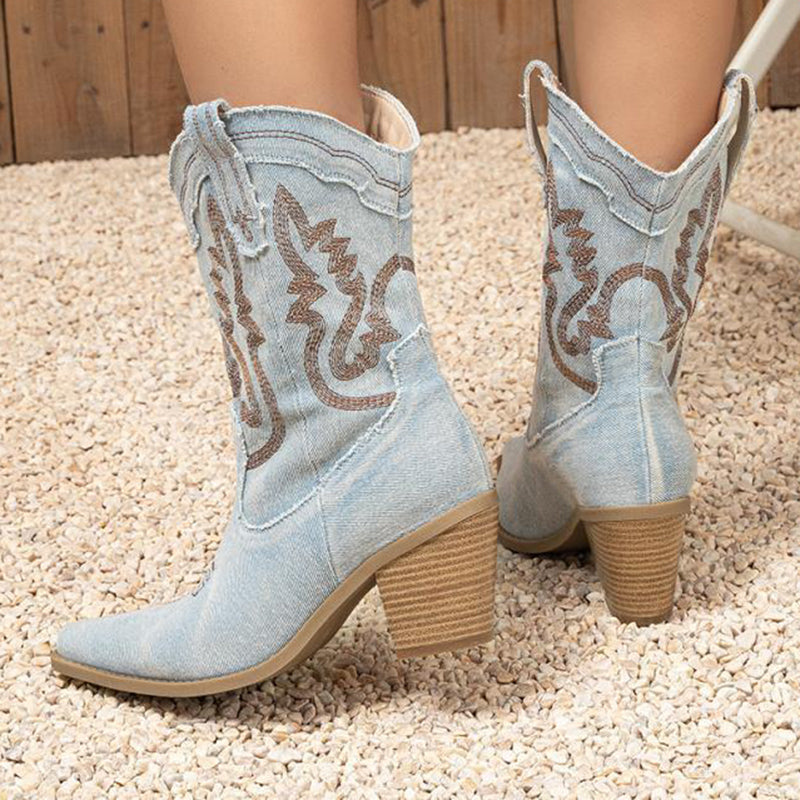 light blue Women's embroidery denim mid calf cowboy boots