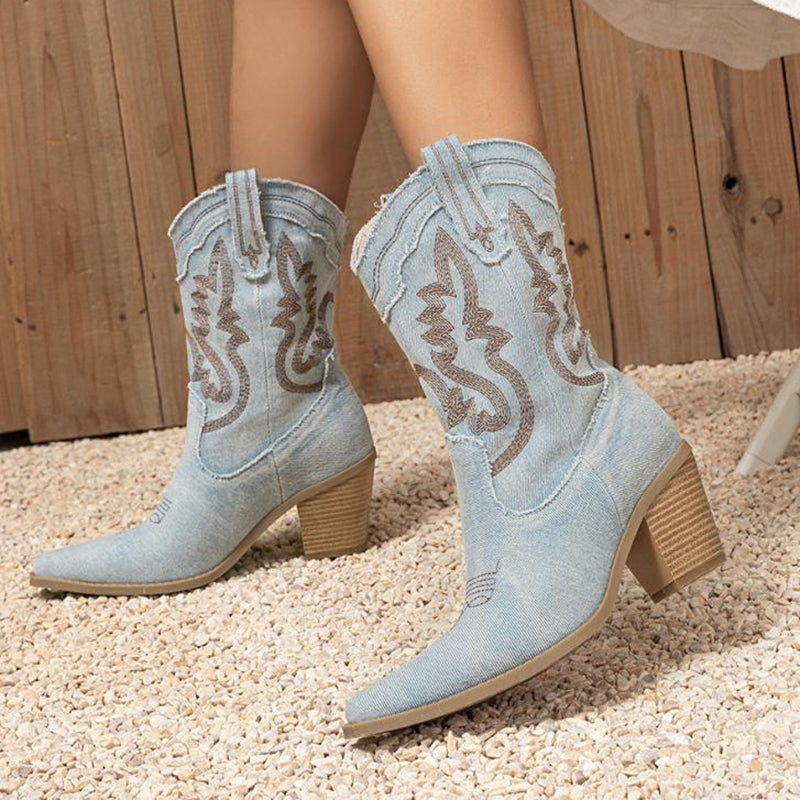 light blue Women's embroidery denim mid calf cowboy boots
