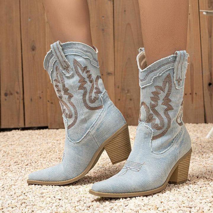 Women's embroidery denim mid calf cowboy boots
