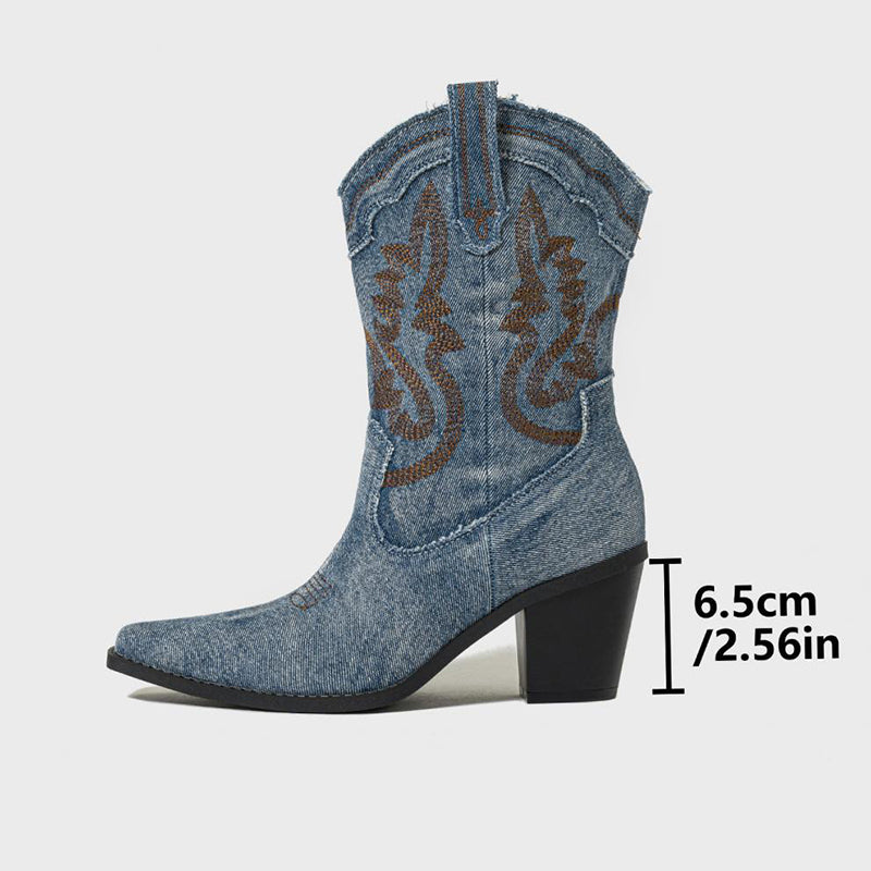 blue Women's embroidery denim mid calf cowboy boots
