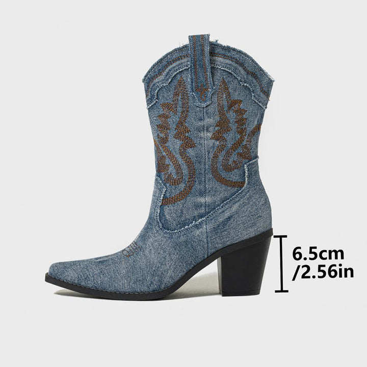 blue Women's embroidery denim mid calf cowboy boots