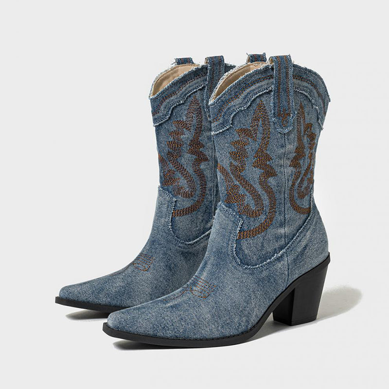blue Women's embroidery denim mid calf cowboy boots