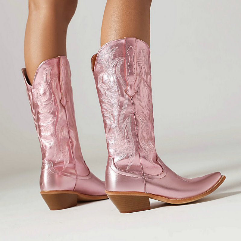 pink Women's embroidery metallic cowboy boots