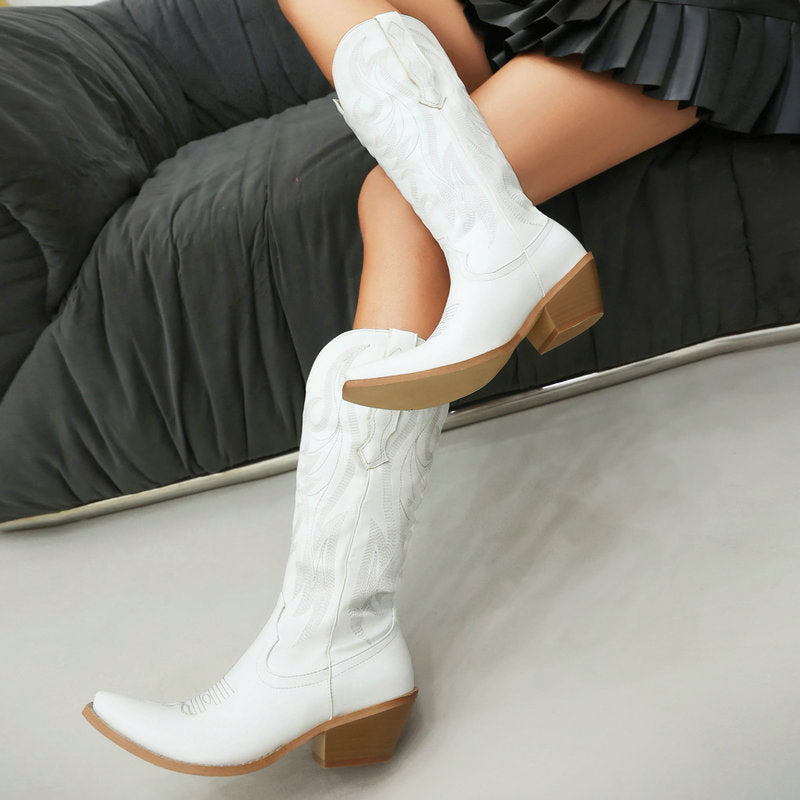 white Women's embroidery metallic cowboy boots