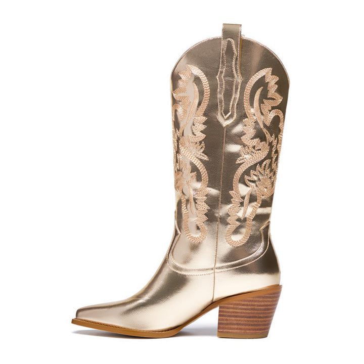 gold Women's embroidery metallic mid calf western boots