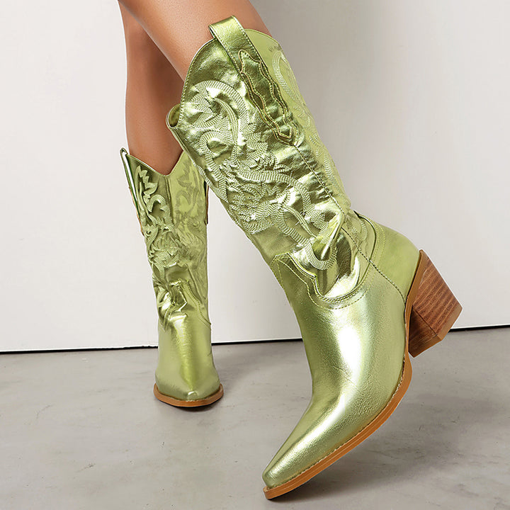 green Women's embroidery metallic mid calf western boots