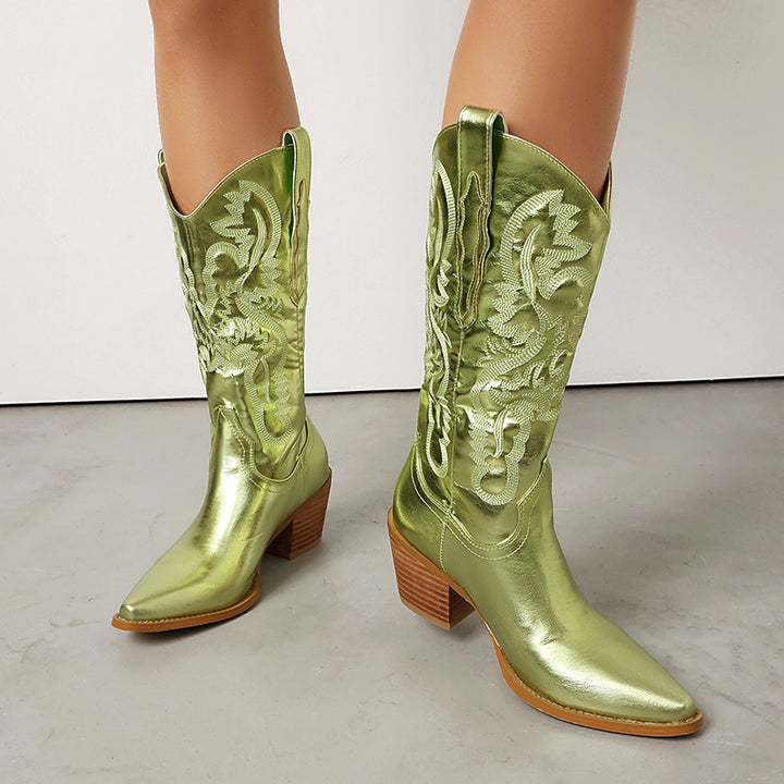 green Women's embroidery metallic mid calf western boots